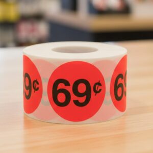 69 cents round sticker on a red label with black text