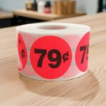 79 cents round sticker on a red label with black text