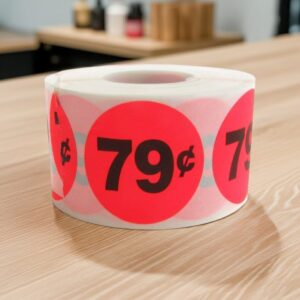 79 cents round sticker on a red label with black text