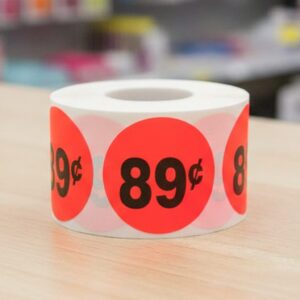 89 cents round sticker on a red label with black text