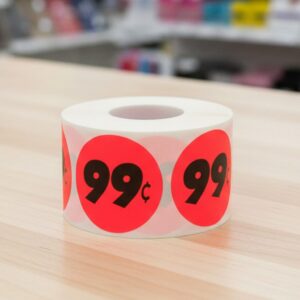 99 cents round sticker on a red label with black text
