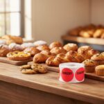 red round bakery sticker with the word bakery printed in black at the top sitting in front of pastries