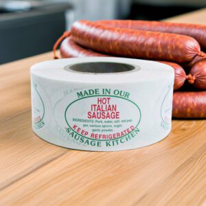 Hot Italian Sausage sticker on a round white label