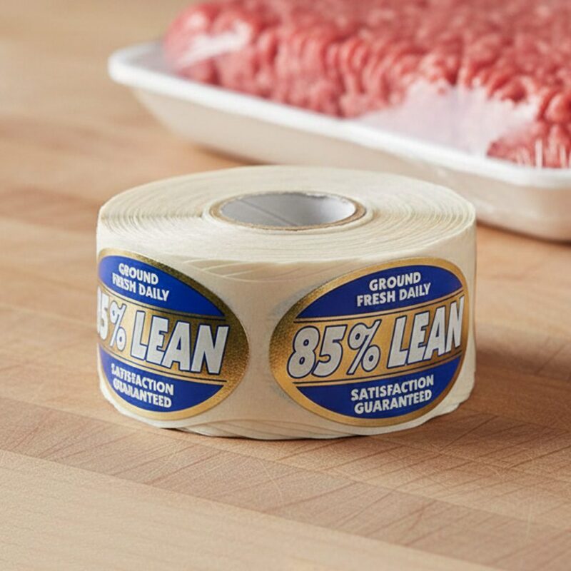 500154-85%-Lean-Ground-Fresh-Daily-Label-Butcher-Sticker 85% Lean Ground Meat labels on a foil sticker with white and blue print on a butcher counter