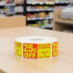25 cents off sticker on an in store coupon label
