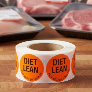 diet lean label on a round red sticker with black print