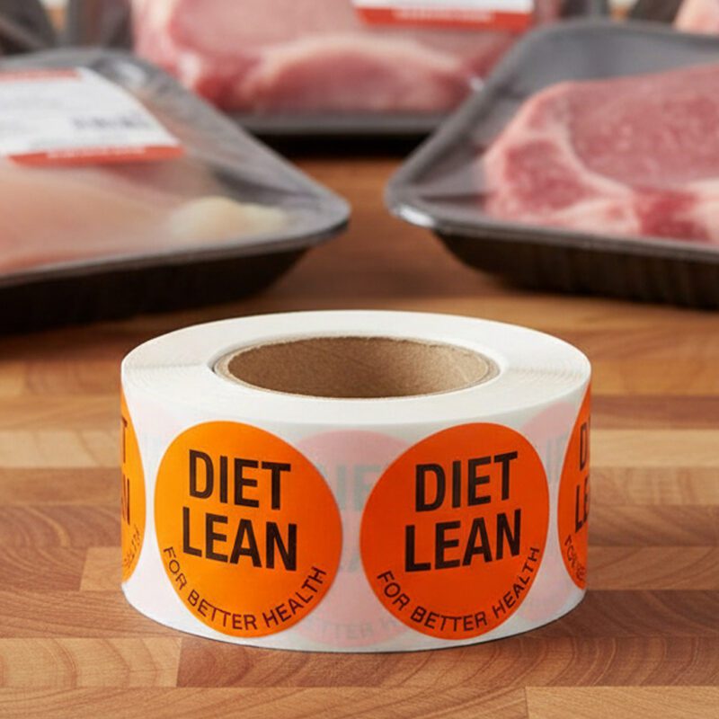 500200-Diet-Lean-Label-Stickers diet lean label on a round red sticker with black print