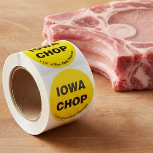Iowa chop sticker on a round yellow label with black print