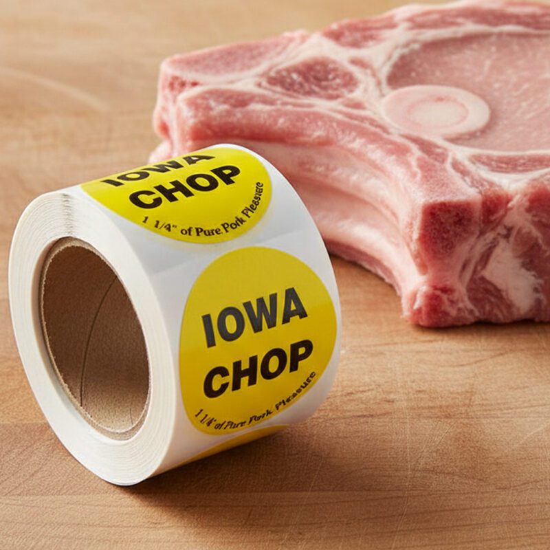 Iowa chop sticker on a round yellow label with black print