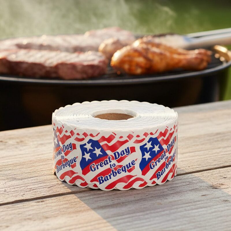 500252-Great-Day-to-Barbeque-Label-Stickers2 Great Day to Barbeque Label Stickers roll of labels next to grill