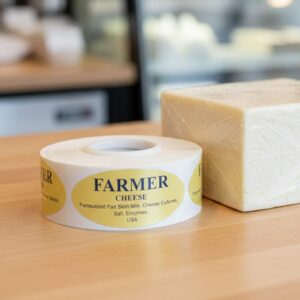 Farmer cheese sticker on gold foil label