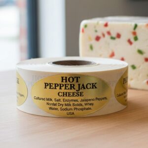 Hot Pepper Jack cheese sticker on gold foil label