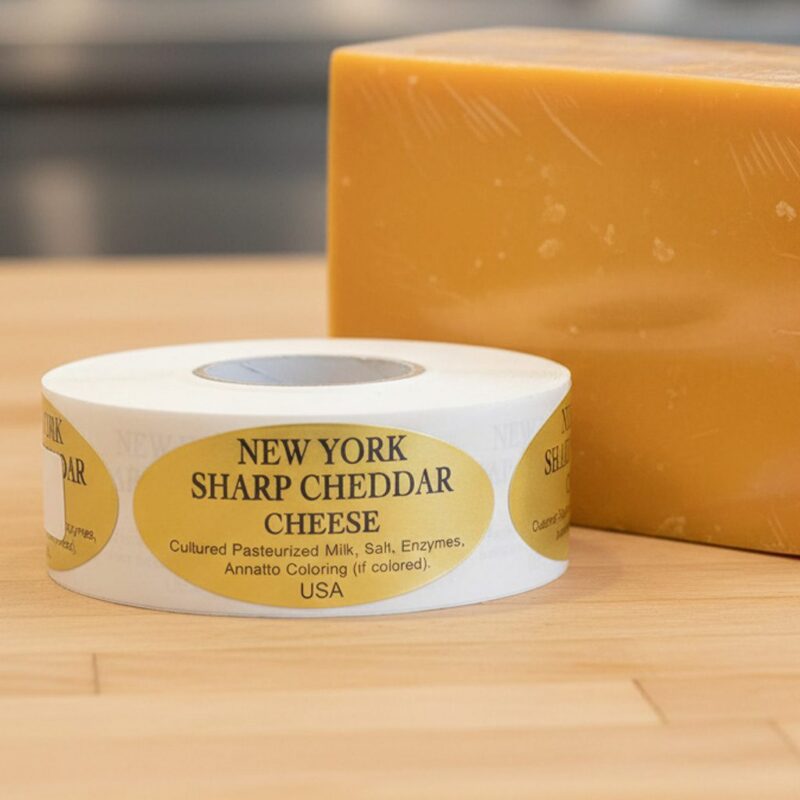 500273-New-York-Sharp-Cheddar-Label-Stickers New York sharp cheddar cheese sticker on gold foil label
