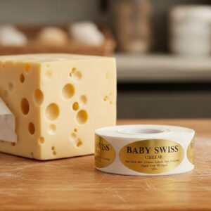 baby swiss gold foil label on a roll of stickers next to a block of baby swiss cheese