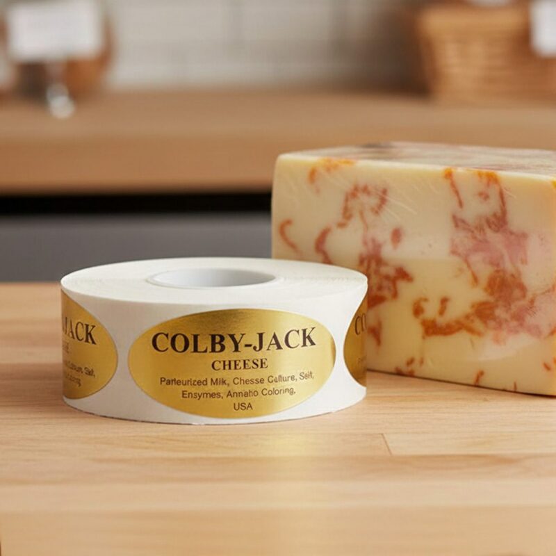 500279-Colby-Jack-Cheese-Label-Stickers Colby-Jack cheese sticker on gold foil label