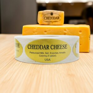 cheddar cheese label on a gold foil label