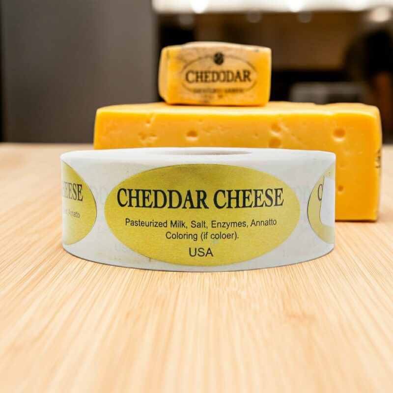cheddar cheese label on a gold foil label