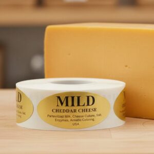 Mild Cheddar cheese sticker on gold foil label
