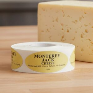 Monterey jack cheese sticker on gold foil label