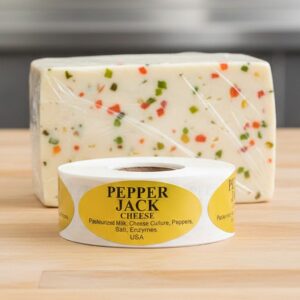 Pepper Jack cheese sticker on gold foil label