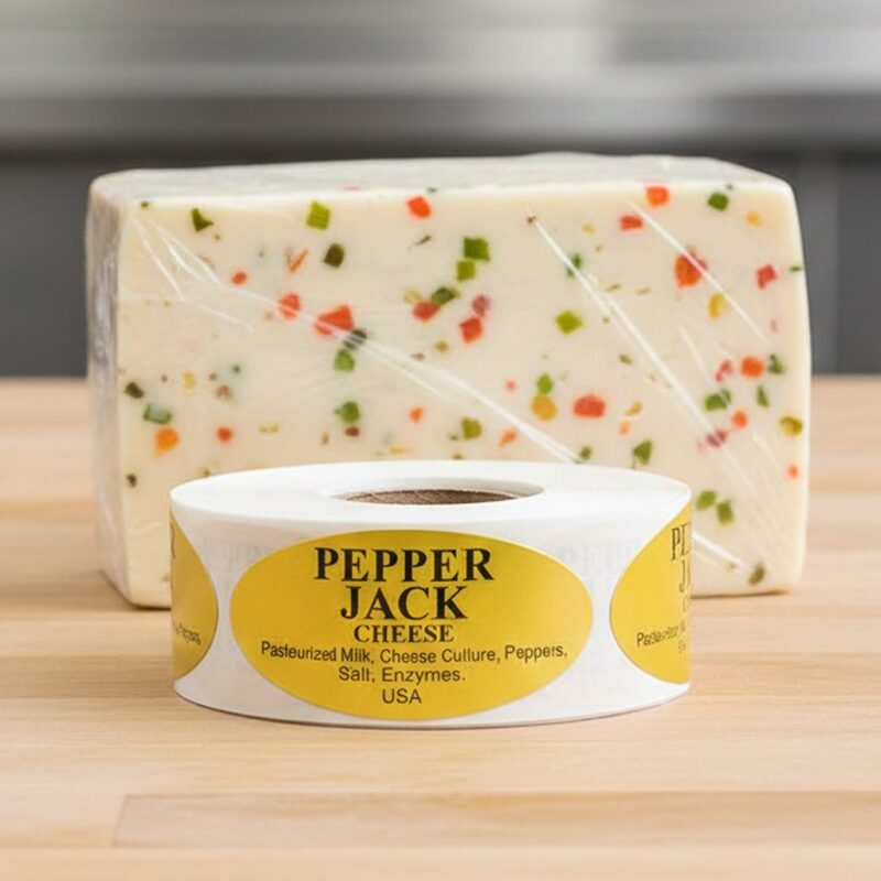 500291-Pepper-Jack-Cheese-Label-Stickers Pepper Jack cheese sticker on gold foil label