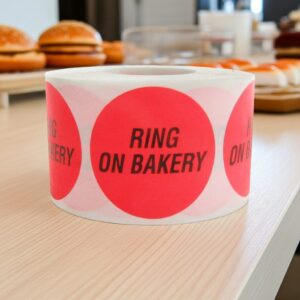 ring on bakery label on a round red sticker