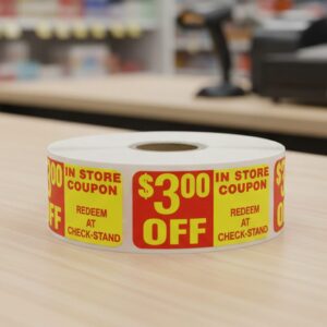 In Store 3 dollar off coupon sticker on a rectangle label with red and yellow print