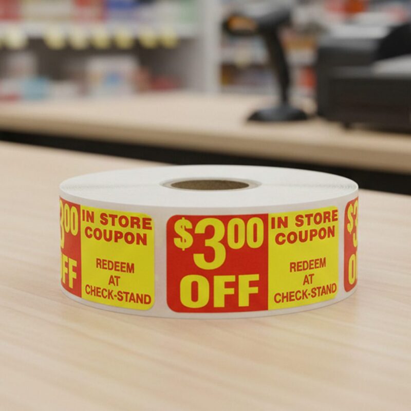 500324-$3-OFF-Coupon-Pricing-Label-Stickers In Store 3 dollar off coupon sticker on a rectangle label with red and yellow print