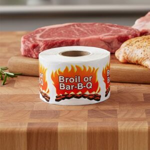Broil or Bar-B-Q Sticker with flames in the background and charcoal