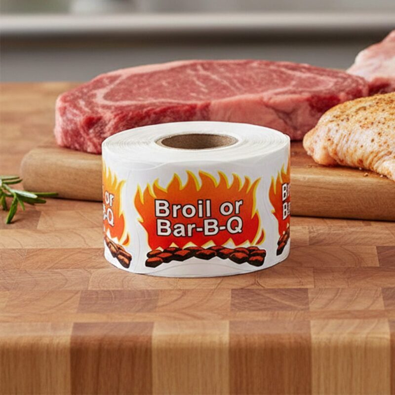 Broil or Bar-B-Q Sticker with flames in the background and charcoal