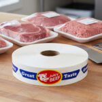 Juicy Beef butcher sticker with a cartoon cow pictured