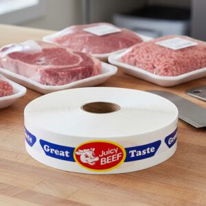 Juicy Beef butcher sticker with a cartoon cow pictured