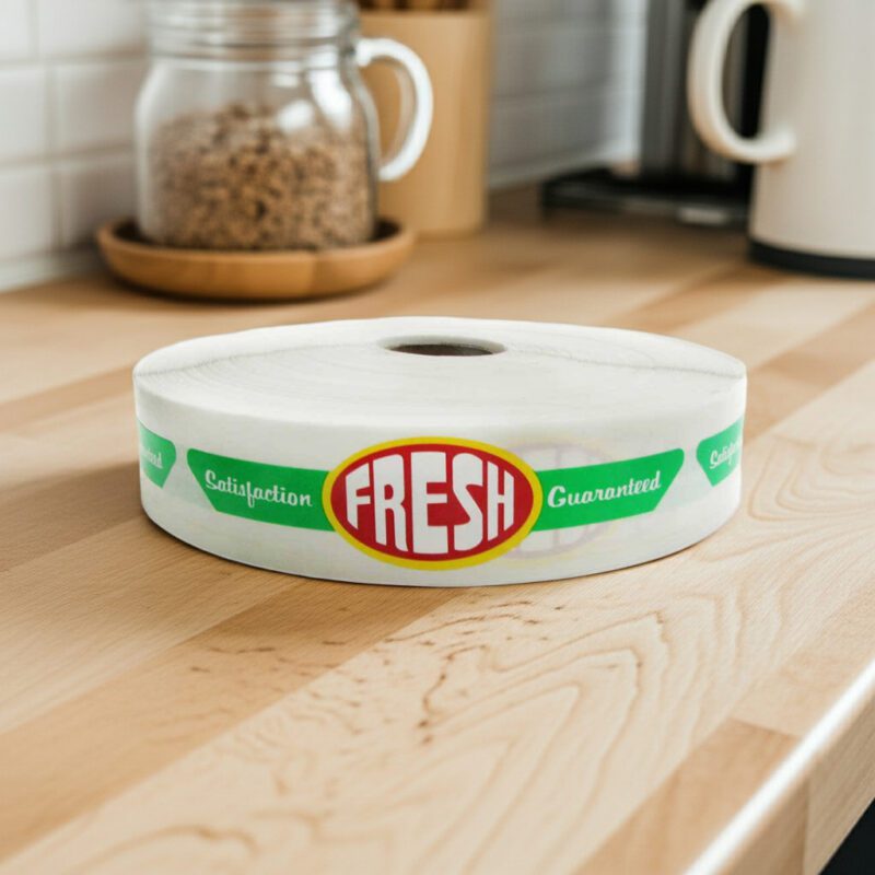 500374-Fresh-Satisfaction-Guaranteed-Label fresh sticker on a long ribbon label