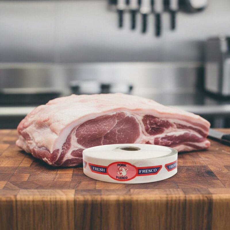 fresh pork bilingual spanish and english strap label on butcher block