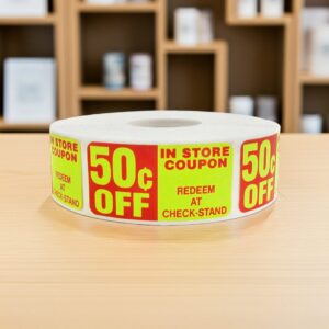 In Store 50 cents off coupon sticker on a rectangle label with red and yellow print