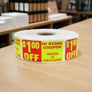 In Store 1 dollar off coupon sticker on a rectangle label with red and yellow print
