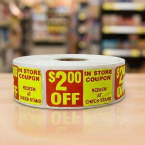 In Store 2 dollar off coupon sticker on a rectangle label with red and yellow print