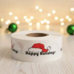 Happy holidays sticker with santa hat on label