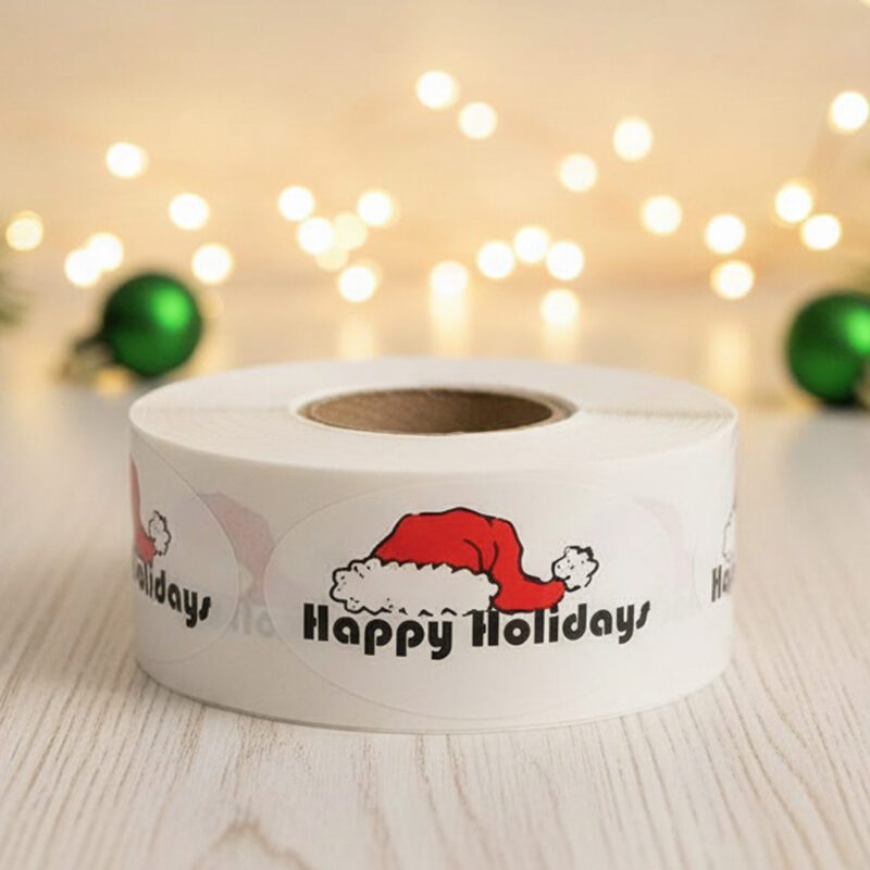 500417-Happy-Holidays-Label-Stickers-with-Santa-Hat Happy holidays sticker with santa hat on label