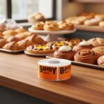 rectangle bakery department label on a roll of stickers with pastries behind it