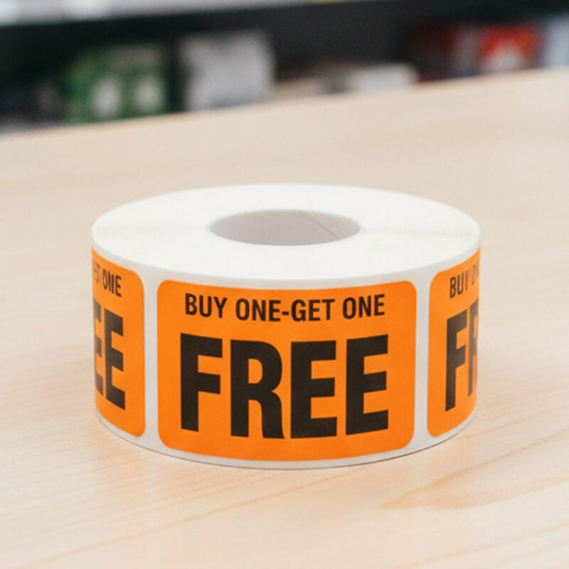 500442-Buy-One-Get-One-Free-Label-Stickers Buy one get one free sticker on a rectangle orange label with black text