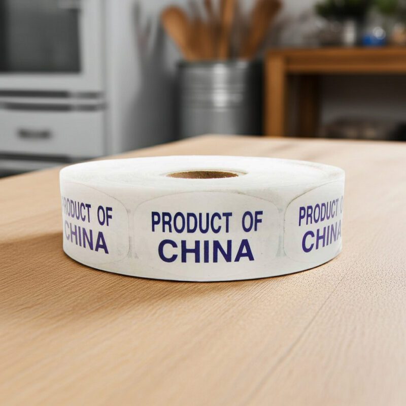 product of china sticker on a white label with blue print