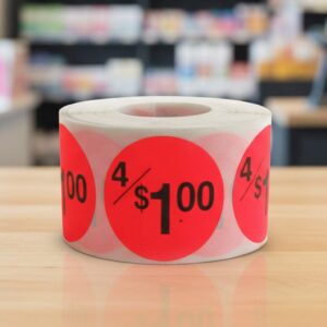 4 for 1 dollar round sticker on a red label with black text