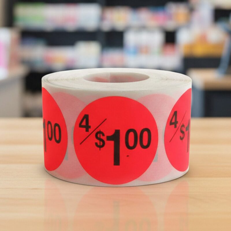 500614-4-for-$1-Sticker-Pricing-Label-Stickers 4 for 1 dollar round sticker on a red label with black text