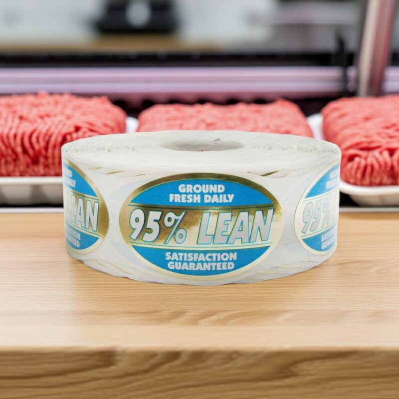 500662-95%-Lean-Ground-Fresh-Daily-Label-Butcher-Sticker 95 percent lean sticker on a gold foil oval butcher label