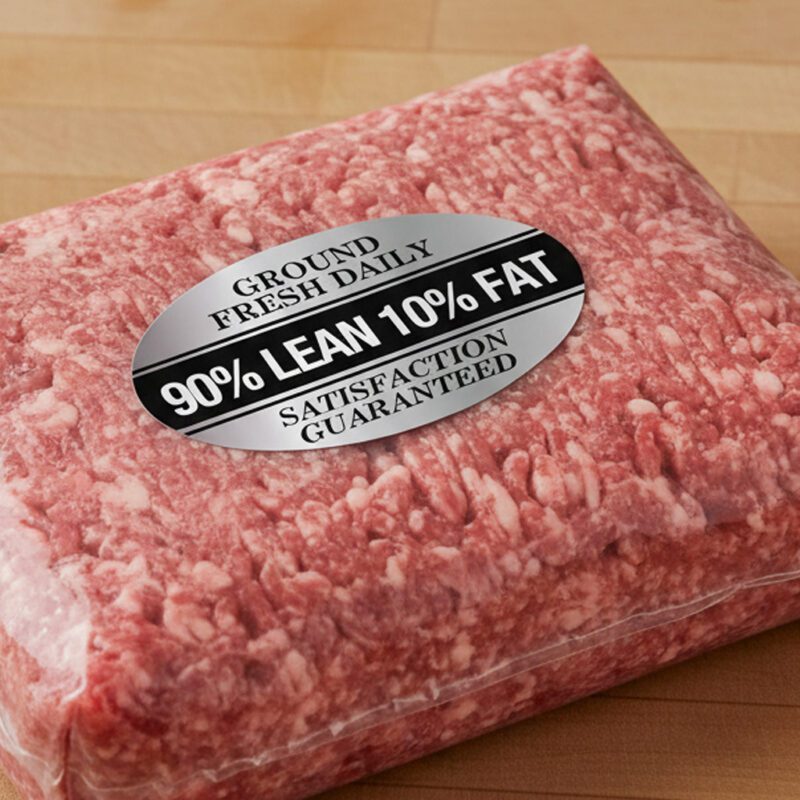 500730-90%-Lean-Ground-Fresh-Daily-Label 90% lean ground beef sticker on silver foil