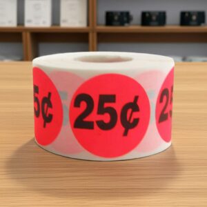 25 cents round sticker on a roll of red labels with black print