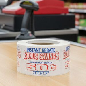 50 cents off sticker with text that reads bonus savings and cashier must detach