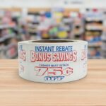 75 cents off bonus savings coupon sticker on a roll of rectangle white labels with red and blue print