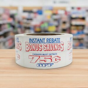 75 cents off bonus savings coupon sticker on a roll of rectangle white labels with red and blue print